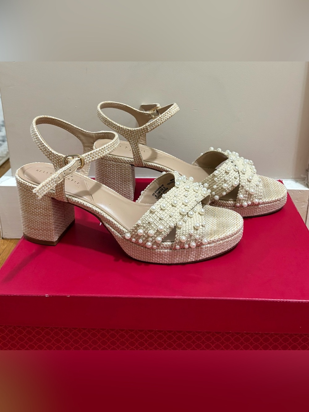 Kelly & Katie Pearl-Accent Beige Platform Sandals